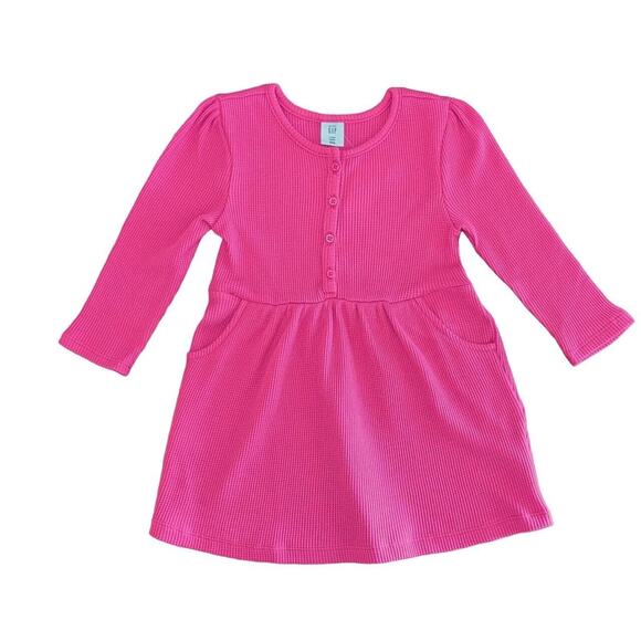 GAP Henley Dress 18-24 Months Long Sleeve Pink Waffle Knit Preppy Cottage Cozy - Picture 9 of 10